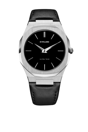 ULTRA THINK 40 MM STEEL CASE W/BLACK DIAL LEATHER STRAP WATCH - SILVER HANDS:Silver:One Size